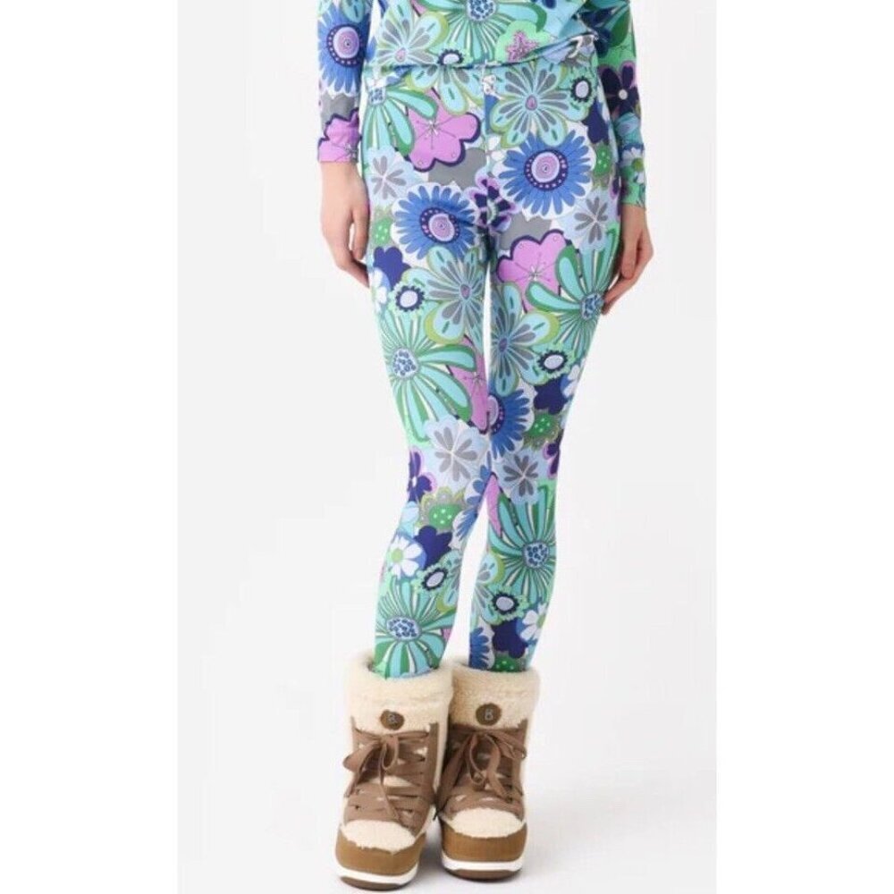 Celia B M Pants Leggings Blue Floral Retro Designer Hippie Boho Apres Ski Skiing